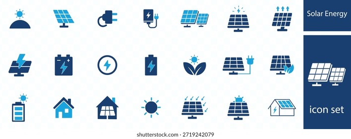 Conjunto de ícones sólidos de Energia Solar e Energia Renovável. Inclui símbolos para Painel Solar, Grade Inteligente, Zero Líquido e Carregamento EV.