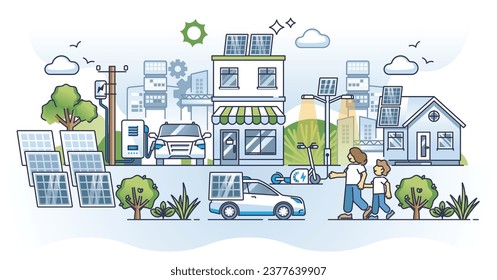 Solar energy revolution and sun panels development in city outline concept. Effective green power for urban city lighting, infrastructure, EV charging and electricity supply vector illustration.