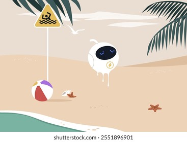 A solar energy robot, its body melting under the relentless sun, interacts with beach toys near the shoreline. Despite its advanced design,the intense heat from global warming overwhelms its systems