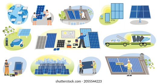 Solar Energy Set Of Flat Isolated Compositions With People Electric Vehicles House Roofs With Photovoltaic Panels Vector Illustration