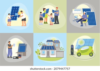 Solar energy set of six square compositions with flat human characters photovoltaic panels and electric car vector illustration