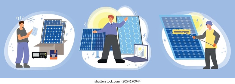 Solar Energy Set Of Three Flat Compositions With Workers Characters Unboxing Installing And Cleaning Photovoltaic Panels Vector Illustration