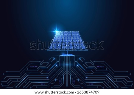 Solar energy and smart tech meet in glowing digital solar panel on circuit board on dark blue background. AI-powered sustainability, renewable energy and green innovation concept. Vector illustration.