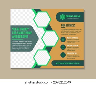 Solar energy for smarter home and building flyer design template. multicolor green element and brown background. hexagon space for photo collage. Save energy horizontal layout poster leaflet.