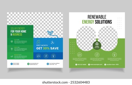 solar energy social media post web banner design, green solar power layout template