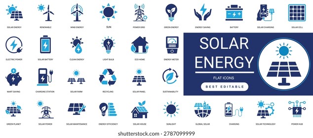 solar energy solid glyph icon set. renewable, sustainability, green, power, panel, electricity, eco, technology. editable vector illustration.