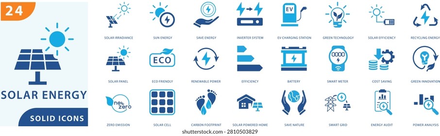 solar energy solid icon set featuring renewable energy, solar power, photovoltaic technology, solar panel systems, solar irradiance, sun energy, inverter systems, ev charging stations, and other