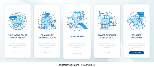 Solar energy solution. Resources of energy onboarding mobile app page screen with concepts. Photovoltaic walkthrough 5 steps graphic instructions. UI vector template with RGB color illustrations