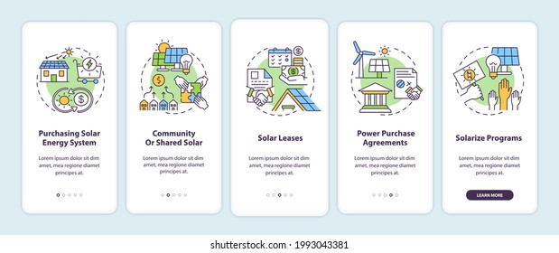 Solar energy solution. Source of energy onboarding mobile app page screen with concepts. Photovoltaic module walkthrough 5 steps graphic instructions. UI vector template with RGB color illustrations