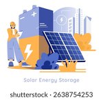 Solar energy storage system in urban settings enhances renewable energy efficiency. A technician monitors the solar panels and battery, showcasing innovative clean technology solutions for energy
