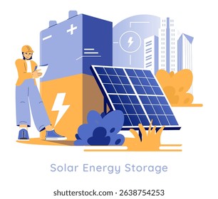 Solar energy storage system in urban settings enhances renewable energy efficiency. A technician monitors the solar panels and battery, showcasing innovative clean technology solutions for energy