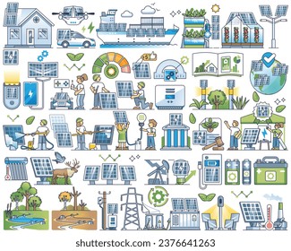 Solar energy and sun panels for electricity generation outline collection set. Items with green power storage, smart and effective usage vector illustration. Clean and renewable source from nature.