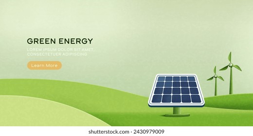 Solar Energy. Sustainable and alternative renewable energy concept. Green nature landscape background. Paper art of ecology and environment concept. Vector Illustration.