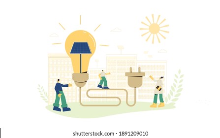 Solar energy system concept. Installing solar modules. Scene with people group and renewable alternative electricity symbol. Family citizens. Sustainable development. Vector flat illustration.