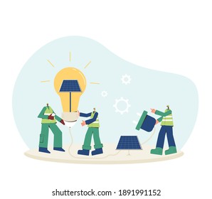 Solar energy system concept. Installing solar modules. Field service technicians, engineer. Scene with people and panels. Renewable alternative electricity. Sustainable development. Vector scene.