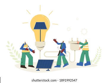 Konzept des Solarenergiesystems Installation von Solarmodulen. Techniker des Felddienstes, Ingenieur, Manager und Architekt.  Nachhaltige Entwicklung. Vektorgrafik.