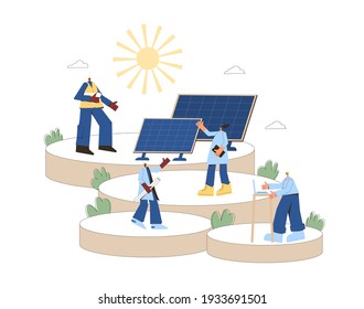 Solar Energy System Concept. Installing Solar Modules. Field Service Technician, Worker, Engineer And Manager. Scene With Professional Team And Panels. Sustainable Development. Vector Illustration