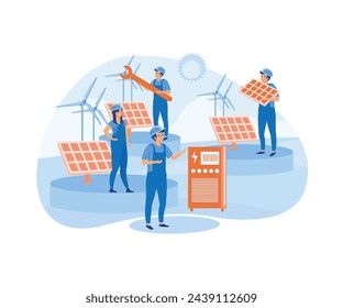 Solar energy system concept. Installing solar modules. Field service technician, worker, engineer and manager. Scene with professional team and panels. flat vector modern illustration