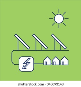 Solar energy system ecology and environment vector icon and infographic blue and white on green background