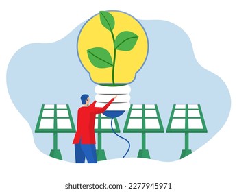 Solar energy system or ESG concept business invest energy sources. Preserving resources of planet. Cartoon modern flat vector illustration