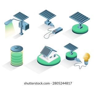 Solar Energy System Icons Set with Solar Panel Battery Storage Smart Lighting and Renewable Power Solutions