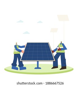 Solar energy system installing. Provide upgrades solar modules. Field service technician. Workers and panels. Renewable alternative electricity. Sustainable development. Vector flat illustration.
