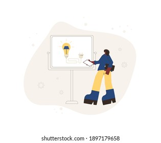 Concepto de presentación del sistema de energía solar. Instalación de módulos solares. El gerente da un informe sobre su servicio a la empresa. Electricidad alternativa renovable. Ilustración plana vectorial.