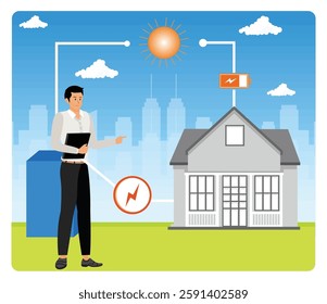 Solar energy system setup for a home, including a battery storage system and energy monitoring, promoting sustainable living and renewable energy technology applications. 