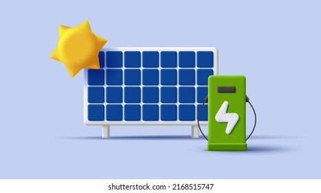 Solar energy system with station and sun icon, 3d modern illustration. Vector illustration - Shutterstock ID 2168515747