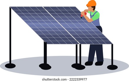 Solar energy systems engineer installing solar panels, Worker technician connecting solar panel to high steel platform, solar panel worker vector illustration