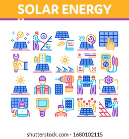 Solar Energy Technicians Collection Icons Set Vector. Solar Energy Battery And Panel, Alternative Power Technology, Installation And Repair Concept Linear Pictograms. Color Illustrations