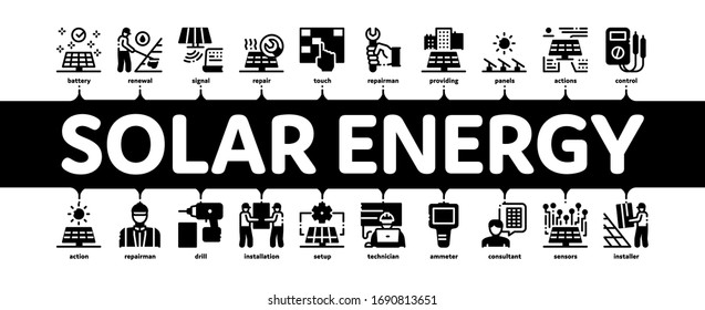 Solar Energy Technicians Minimal Infographic Web Banner Vector. Solar Energy Battery And Panel, Alternative Power Technology, Installation And Repair Illustrations