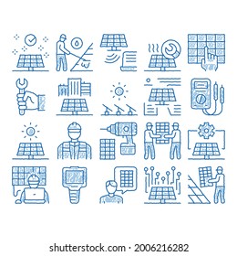 Solar Energy Technicians Sketch Icon Vector. Hand Drawn Blue Doodle Line Art Solar Energy Battery And Panel, Alternative Power Technology, Installation And Repair Illustrations