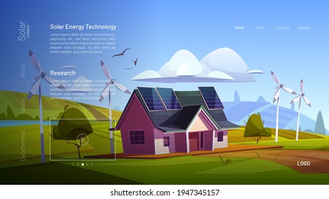 Página de inicio de caricatura sobre tecnología de energía solar. Casa ecológica con paneles solares en la azotea. Edificio ecológico con turbinas eólicas, generación de energía renovable verde, arquitectura orgánica vectorial banner web