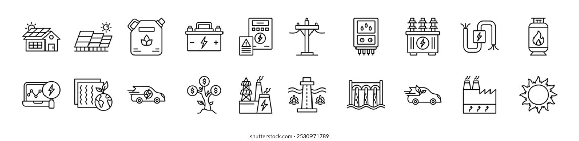 Conjunto de iconos de línea delgada de energía solar. Que contiene la casa solar, energía solar, biocombustible, acumulador, control eléctrico
