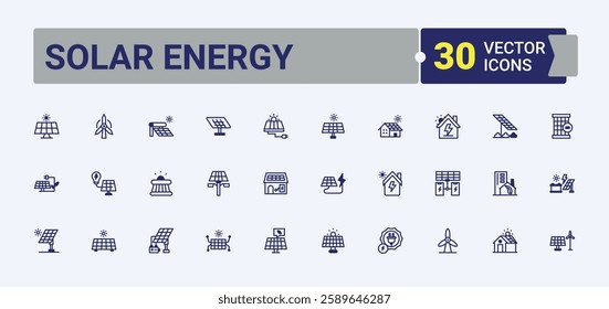 Solar Energy trendy minimal icons. Includes thin line sun, roof, fuel, atom, equipment, electricity, battery and more. Minimalistic icon. Solid line editable stroke. Vector line and solid icons.