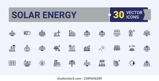 Solar Energy trendy minimal icons. Includes thin line sun, roof, fuel, atom, equipment, electricity, battery and more. Minimalistic icon. Solid line editable stroke. Vector line and solid icons.