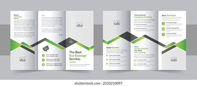 Solar energy trifold brochure template design, eco energy or solar panel business trifold brochure design layout