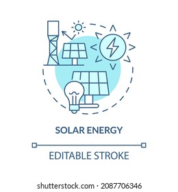 Solar energy turquoise blue concept icon. Eco-friendly tech. Renewable energy abstract idea thin line illustration. Isolated outline drawing. Editable stroke. Roboto-Medium, Myriad Pro-Bold fonts used