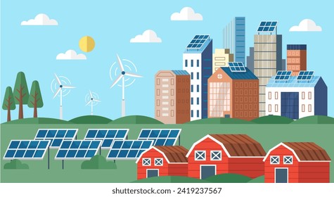 Solar energy vector illustration. The ecological benefits using renewable energy sources are significant The integration electrical power generation with renewable sources is innovative concept