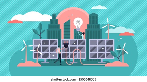 Ilustración vectorial de energía solar. El concepto de personas pequeñas y pequeñas de energía alternativa sostenible. Energía eléctrica renovable con paneles solares y turbina eólica. Opción de suministro de energías renovables limpias o ecológicas