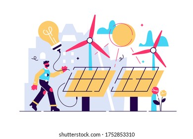 Solar energy vector illustration. Flat tiny sustainable alternative energy persons concept. Renewable electricity power with sun panels and wind turbine. Clean or environmental renewable supply option