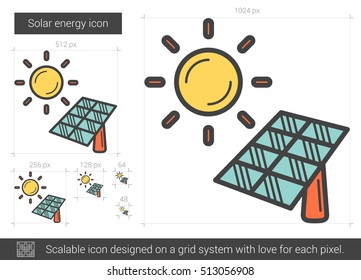 Solarenergie-Vektorsymbol einzeln auf weißem Hintergrund. Solar Energy Line Icon für Infografik, Website oder App. Skalierbares Symbol, das auf einem Gittersystem entworfen wurde.