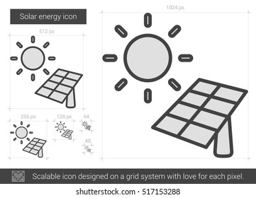 Solarenergie-Vektorsymbol einzeln auf weißem Hintergrund. Solar Energy Line Icon für Infografik, Website oder App. Skalierbares Symbol, das auf einem Gittersystem entworfen wurde.