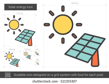 Icono de línea vectorial de energía solar aislado en fondo blanco. Icono de línea de energía solar para infografía, sitio web o aplicación. Icono escalable diseñado en un sistema de cuadrícula.