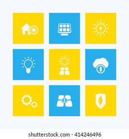 Solar energy vector pictograms, solar electricity, sun powered house, set of icons on squares, vector illustration