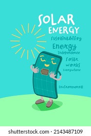 Solar energy vertical poster with funny creative character. Sun fuel print. Ecological energy with zero emissions. Ecology, global warming, clean transportation. Vector illustration in a unique style