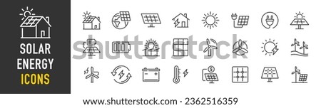 Solar Energy web icons in line style. Solar panel, green energy, battery, renewable energy, energy-saving, electric, collection. Vector illustration.