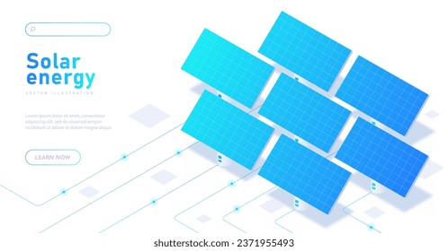 Solar energy white banner. Blue solar panels for clean electricity. Sustainable lifestyle and alternative energy sources. Innovations and modern technologies. Isometric vector illustration