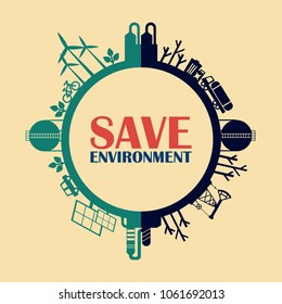 Solar energy, wind energy. Dirty city, factories, air pollution. Earth Day. World environment day. Ecology design concept with air, water and soil pollution. Flat icons isolated vector illustration.